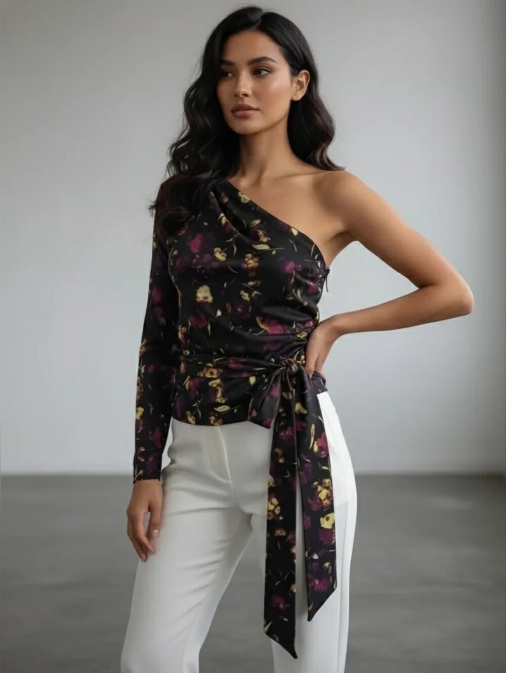 Bebe Size Medium M Floral One Shoulder Black Top Shirt Blouse